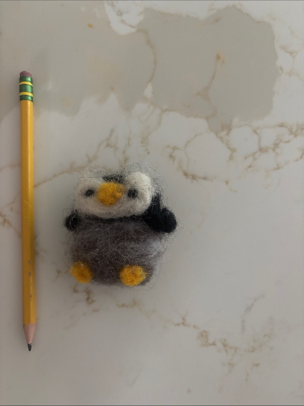 Handmade Felt Penguin Figurine in Grey, White & Yellow